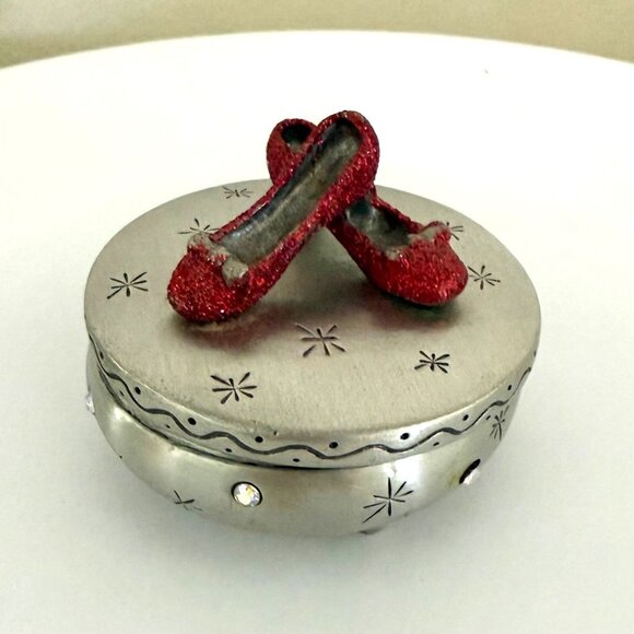 Vintage Silver Round Trinket Box Red Glitter Shoes Theres No Place Like Home - Picture 1 of 12